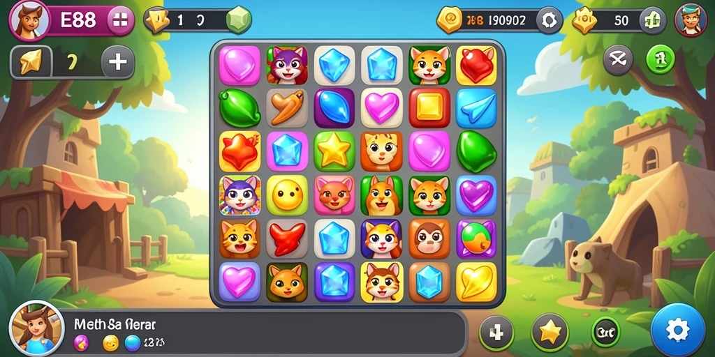 Tampilan gameplay E88 dengan elemen Match-3 yang penuh warna.