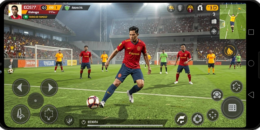 Screenshot dari gameplay EOS77 menampilkan aksi seru di lapangan olahraga.