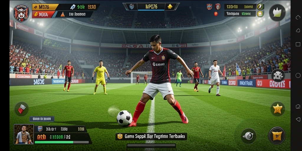 Tampilan utama gameplay MPO76 yang menampilkan momen seru pertandingan sepak bola.