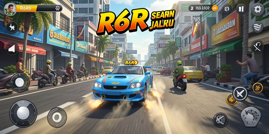 Tampilan gameplay R6R6 yang penuh aksi saat balapan di lintasan.